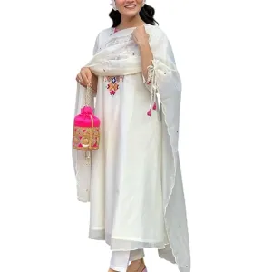 Womens Cotton Mirror Work Straight Kurti with Pant and Dupatta Ethnic Set White