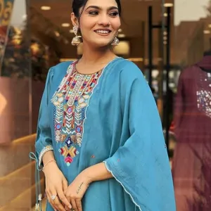 Women's Cotton Mirror Work Embroidered Straight Kurti with Pant and Dupatta Set