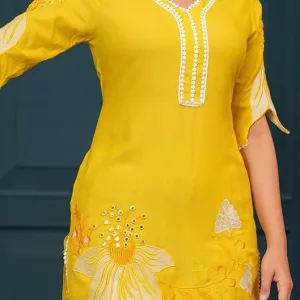 Women's Cotton Printed Short Straight Kurti with Pant Yellow