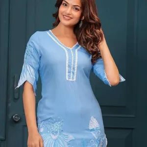 Women's Cotton Floral Printed Short Straight Kurti with Pant Blue