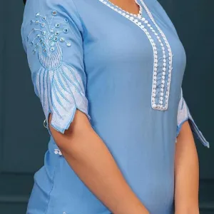 Women's Cotton Floral Printed Short Straight Kurti with Pant Blue