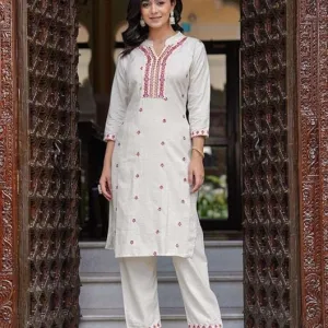 Women's Cotton Embroidered Straight Kurti with Pant and Dupatta Set