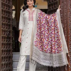 Women's Cotton Embroidered Straight Kurti with Pant and Dupatta Set