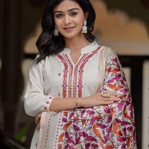 Women's Cotton Embroidered Straight Kurti with Pant and Dupatta Set White