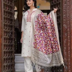 Women's Cotton Embroidered Straight Kurti with Pant and Dupatta Set White