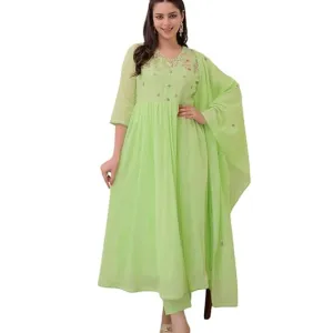 Women's Cotton Embroidered Anarkali Kurti with Pant and Dupatta Set