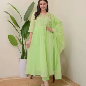 Women's Cotton Embroidered Anarkali Kurti with Pant and Dupatta Set