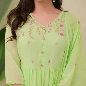 Women's Cotton Embroidered Anarkali Kurti with Pant and Dupatta Set