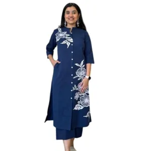 Women's Cotton Floral Printed Straight Kurti with Pant Set
