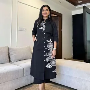 Women's Cotton Floral Printed Straight Kurti with Pant Set