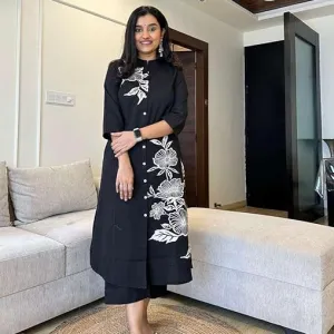 Women's Cotton Floral Printed Straight Kurti with Pant Black Color