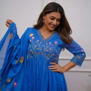 Women's Cotton Embroidered Long Anarkali Kurti with Pant and Dupatta Set