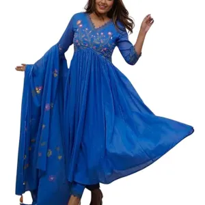 Women's Cotton Embroidered Long Anarkali Kurti with Pant and Dupatta Blue