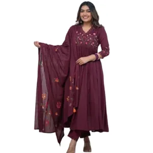 Women's Cotton Embroidered Long Anarkali Kurti with Pant and Dupatta Set