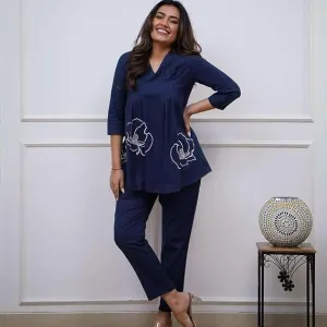 Women's Cotton Embroidered Co-ord Set 2 Piece Top Bottom Set