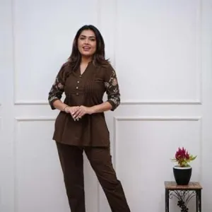 Women's Cotton Embroidery Straight Short Kurti with Pant Set