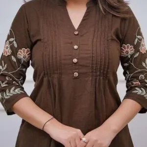 Women's Cotton Embroidery Straight Short Kurti with Pant Set