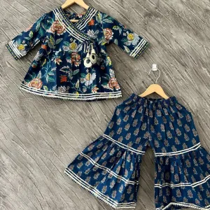 Blue Jaipur Block Print Cotton Party Wear Suit Set for Girls