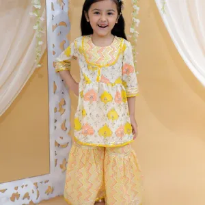 Yellow Jaipur Block Print Cotton Festive Suit Set for Girls