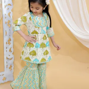 Kid’s Girls Pure Cotton Jaipur Block Printed Indian Ethnic Festive Party Wear Suit Sets | Green