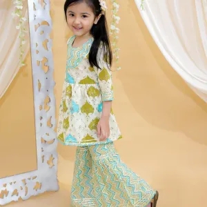 Green Jaipur Block Print Cotton Ethnic Suit Set for Girls