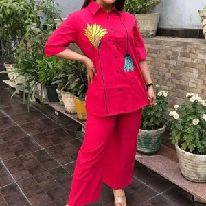 Women's Cotton Floral Printed Straight Short Shirt Kurti with Pant