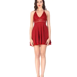 Red Lace Net Sexy Doll Nighty Set for women