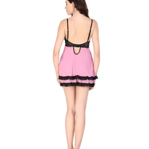 Black Pink Lace Net Doll Nighty Set for Women Nightwear