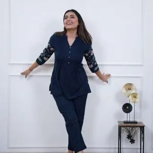 Women's Cotton Embroidery Straight Short Kurti with Pant Set