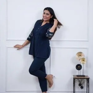 Women's Cotton Embroidery Straight Short Kurti with Pant Set