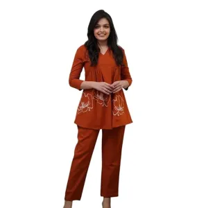Women's Cotton Embroidered Co-ord Set 2 Piece Top Bottom Set