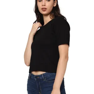 Elegant Bamboo Rib Fabric Half Sleeves Top For Girl | Black