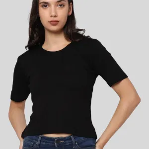 Elegant Bamboo Rib Fabric Half Sleeves Top For Girl | Black