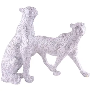 White Panther Antique Animal Showpiece Set of 2 for Home Decor