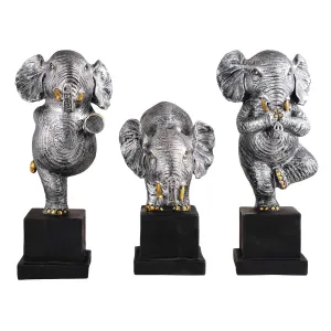 Silver Polyresin Elephant Showpiece Set of 3 for Home Decor