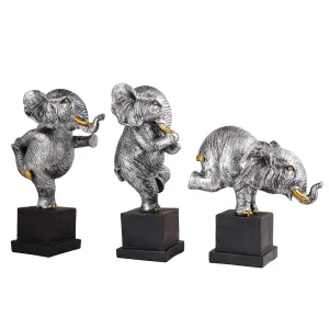 Silver Polyresin Elephant Showpiece Set of 3 for Home Decor