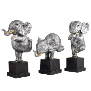Silver Polyresin Elephant Showpiece Set of 3 for Home Decor