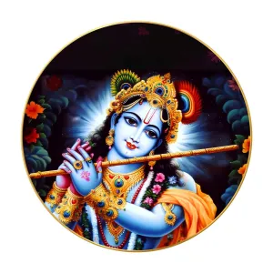 Radha Krishna Wall Painting for Wall Decoration with Frame Sparkle Glossy Round Golden Framed