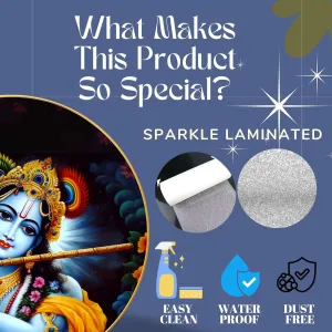 Radha Krishna Wall Painting for Wall Decoration with Frame Sparkle Glossy Round Golden Framed