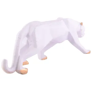 White Golden Panther Sitting Position Animal Showpiece Antique Sculpture for Home Decor