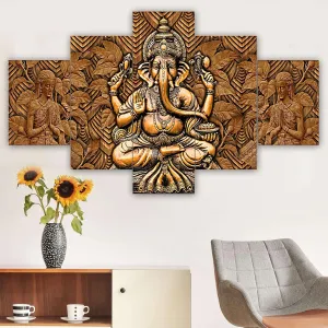 MDF Framed 3D Wall Painting Ganpati Set of 5 Living Room Decor