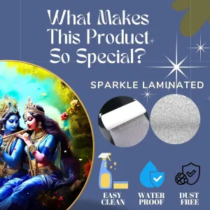 Radha Krishna Wall Painting for Wall Decoration with Frame Sparkle Glossy Round Golden Framed