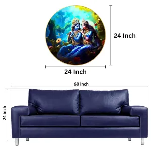 Radha Krishna Wall Painting for Wall Decoration with Frame Sparkle Glossy Round Golden Framed