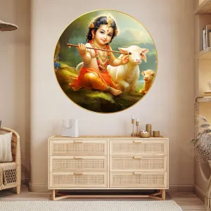 Radha Krishna Wall Painting for Wall Decoration with Frame Sparkle Glossy Round Golden Framed