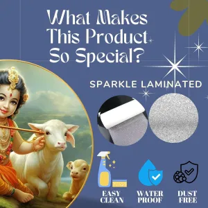 Radha Krishna Wall Painting for Wall Decoration with Frame Sparkle Glossy Round Golden Framed