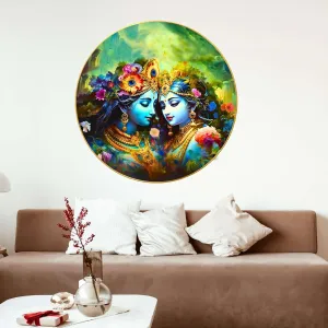 Radha Krishna Wall Painting for Wall Decoration with Frame Sparkle Glossy Round Golden Framed