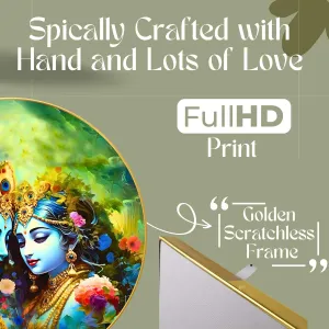 Radha Krishna Wall Painting for Wall Decoration with Frame Sparkle Glossy Round Golden Framed