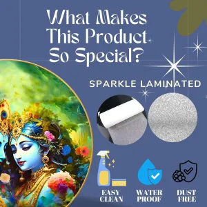 Radha Krishna Wall Painting for Wall Decoration with Frame Sparkle Glossy Round Golden Framed