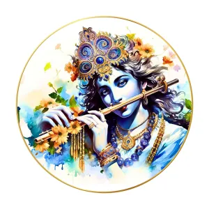 Radha Krishna Wall Painting for Wall Decoration with Frame Sparkle Glossy Round Golden Framed