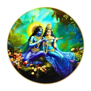 Radha Krishna Wall Painting for Wall Decoration with Frame Sparkle Glossy Round Golden Framed
